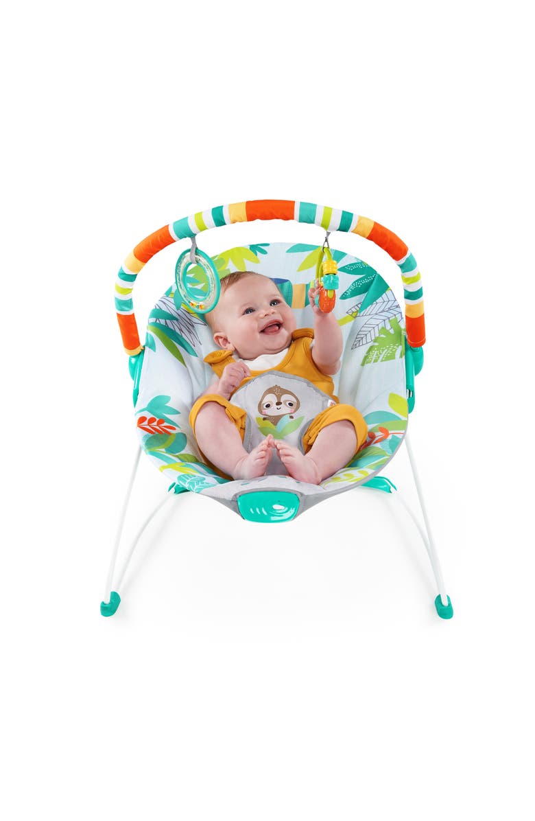 BRIGHT STARTS Rainforest Vibes Vibrating Bouncer with Toy Bar, Alternate, color, Blue