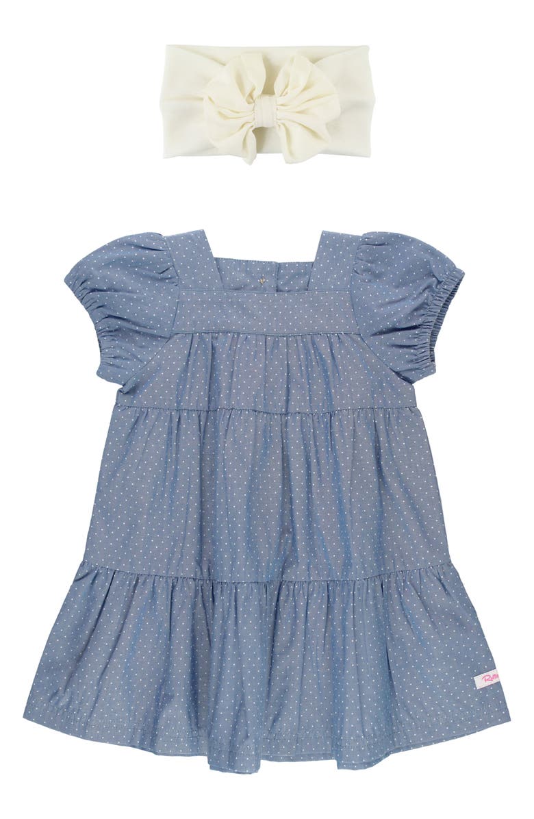 RuffleButts Polka Dot Puff Sleeve Tiered Dress & Headband Set, Main, color,