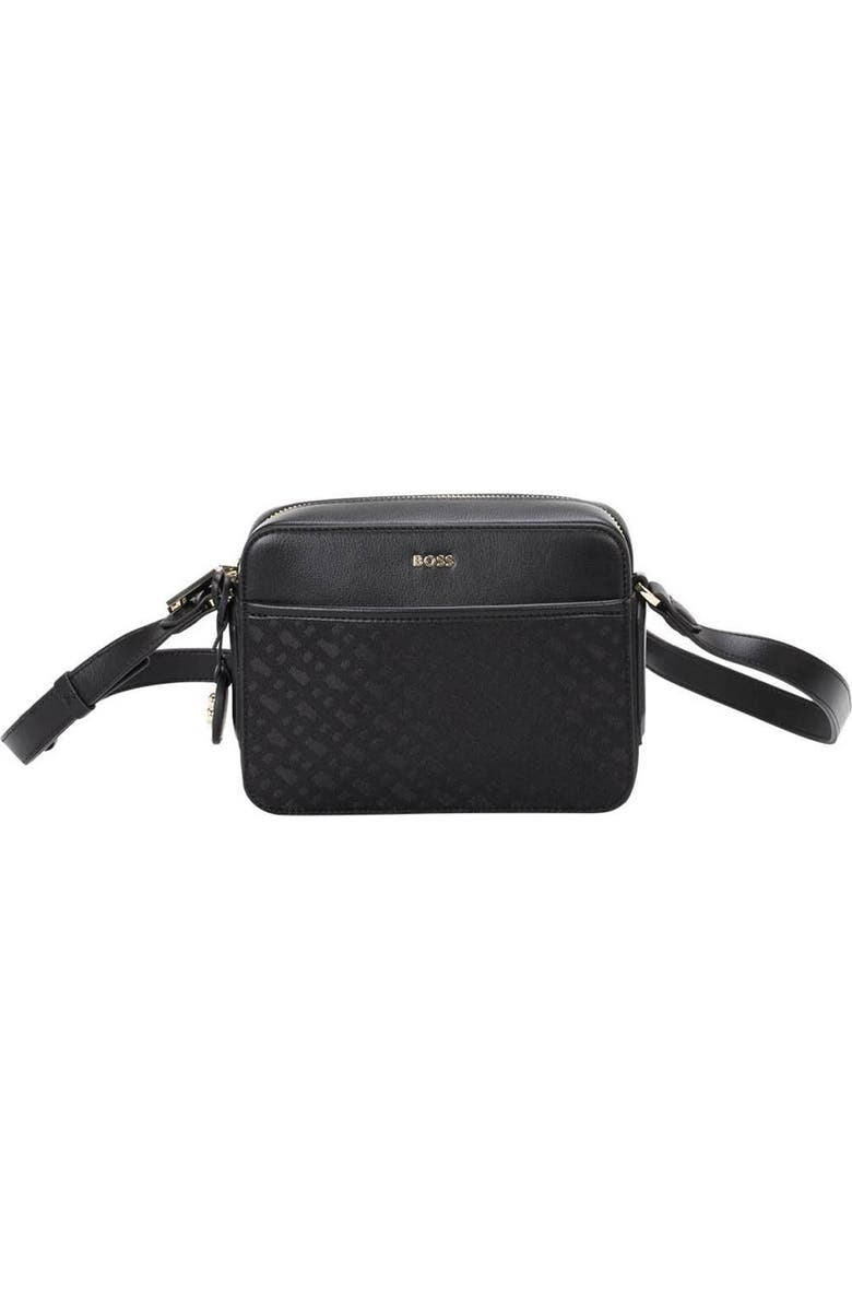 BOSS Liriel Jacquard Canvas & Faux Leather Crossbody Bag, Main, color, Black