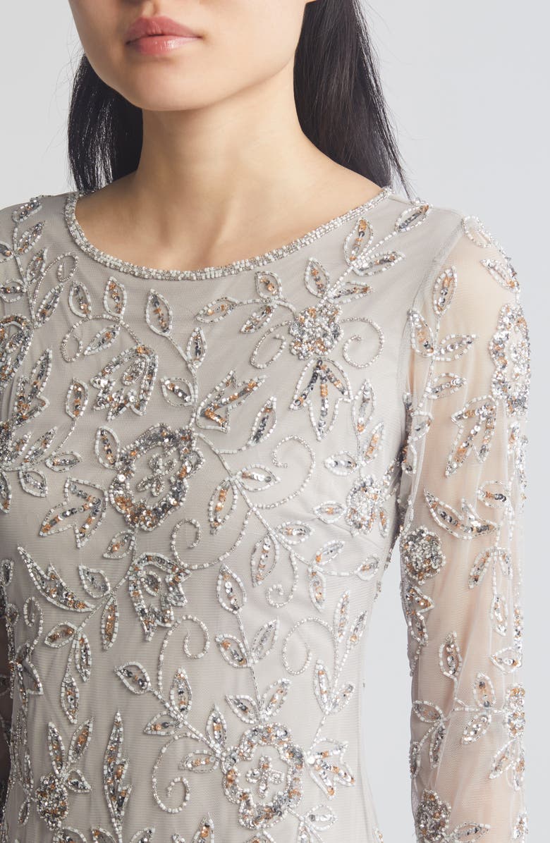 Pisarro Nights Floral Beaded Tulle Gown, Alternate, color, Silver 040