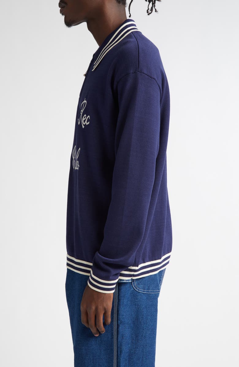 Bode Club Tipped Embroidered Polo Sweater, Alternate, color, Navy
