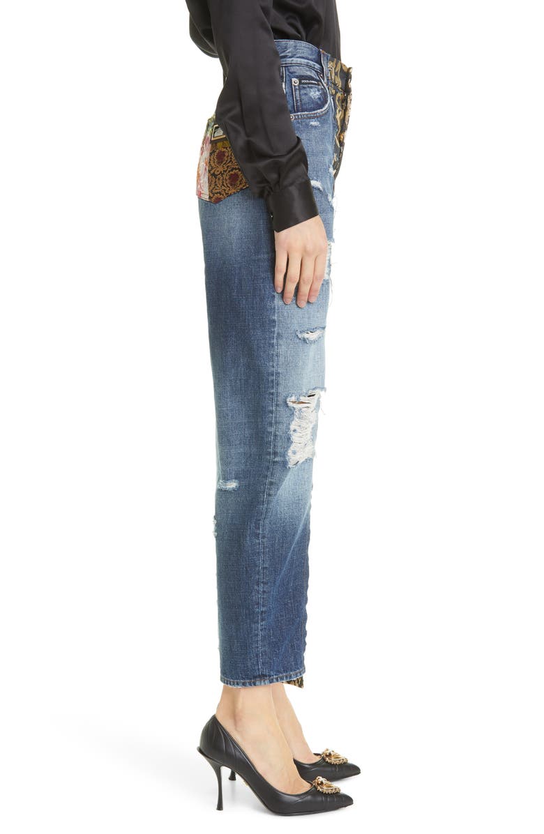 Dolce&Gabbana Distressed Brocade Patchwork Relaxed Crop Jeans, Alternate, color, 