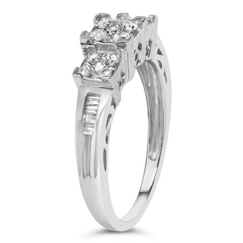 10K White Gold 1/2Cttw Diamond 3 Square Clusters Engagement Ring