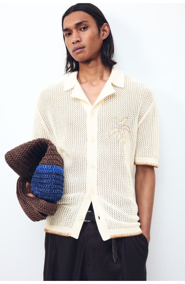 H&M Relaxed Fit Hole-knit Resort Shirt, Alternate, color, Cream/Palm Tree