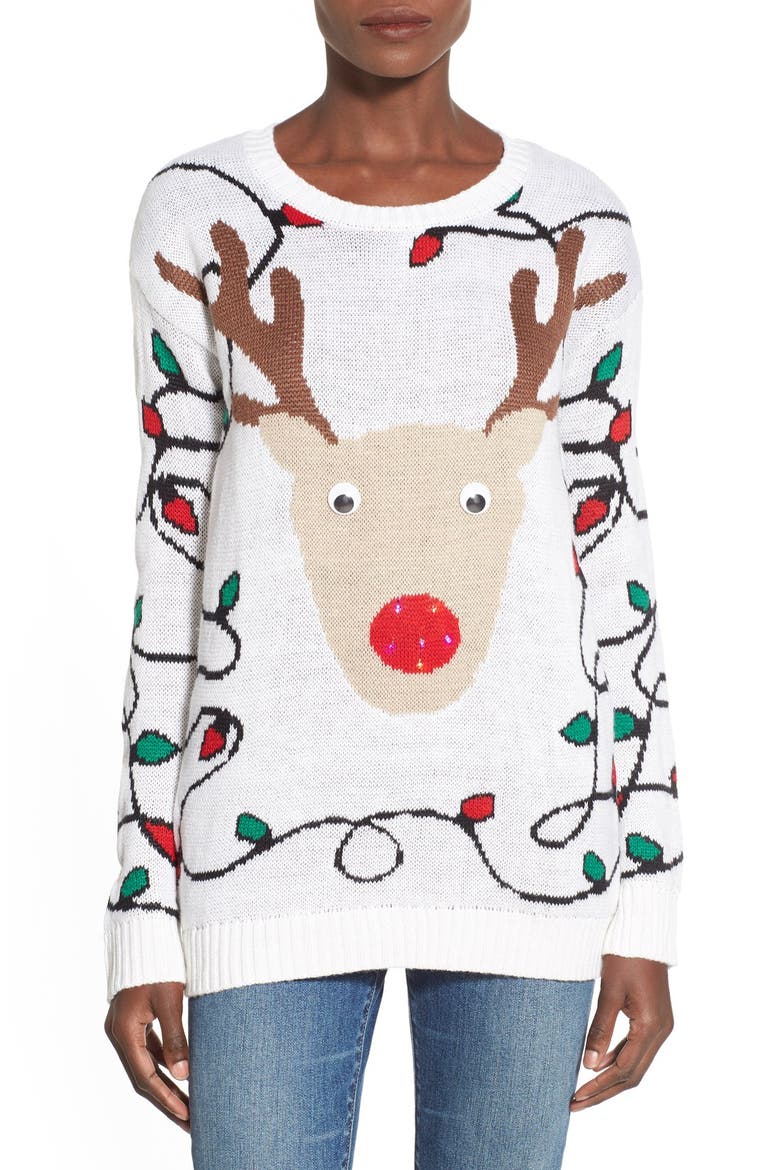 Light-Up Reindeer Jacquard Christmas Sweater, Main, color, IVORY