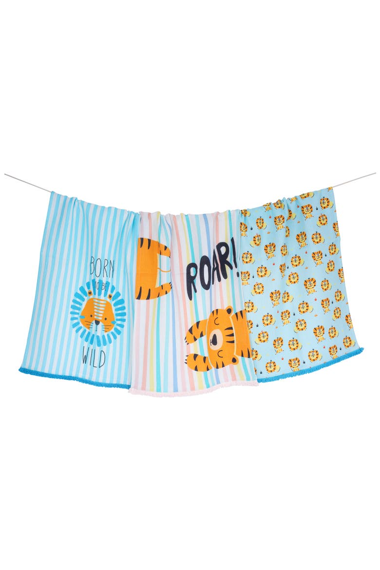 Set of Three Wild Roar Jungle Kitchen Towels, Main, color, SKY BLUE/ TANGERINE