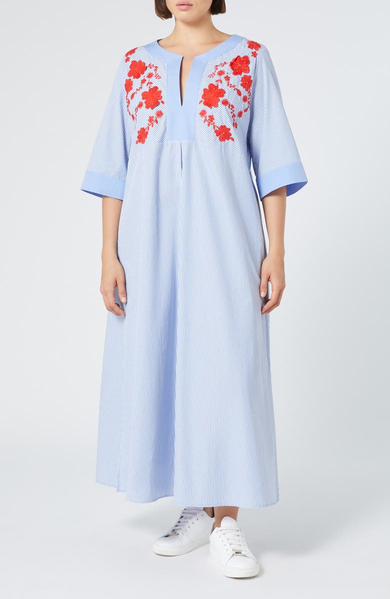 Marina Rinaldi Opossum Floral Appliqué Cotton Poplin Dress, Main, color, Optical White