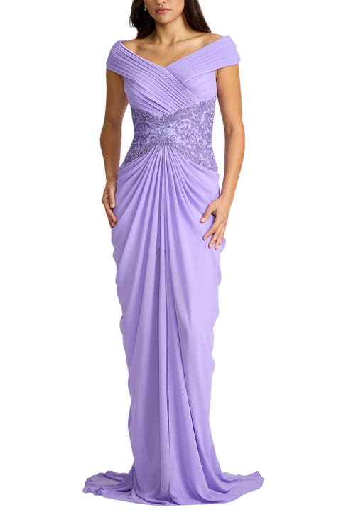 Beaded Off the Shoulder Chiffon Gown