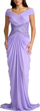 Tadashi Shoji Beaded Off the Shoulder Chiffon Gown