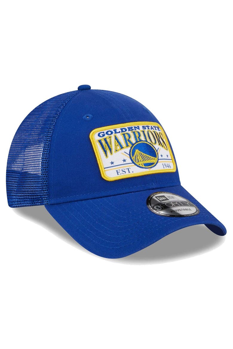 Men's New Era  Royal Golden State Warriors Plate Oversized Patch Trucker 9FORTY Adjustable Hat, Alternate, color, Royal