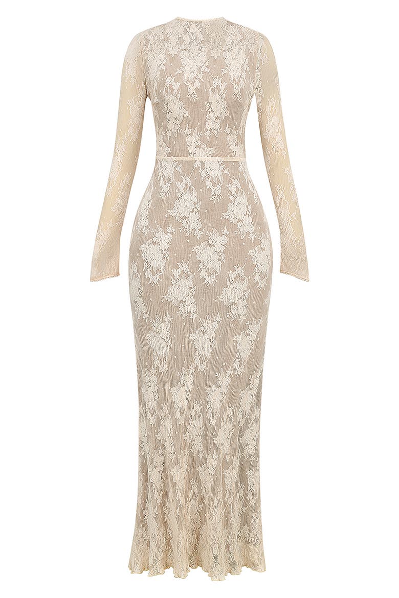 Isoline Lace Long Sleeve Gown, Alternate, color, TENDER PEACH