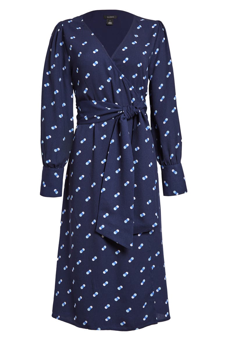 Long Sleeve Wrap Midi Dress, Main, color, NAVY- BLUE SPACED DOT