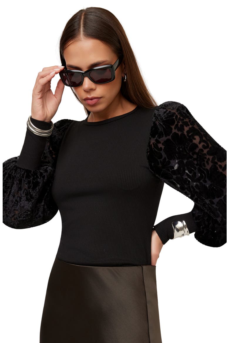 Burnout Bishop-Sleeved Ribbed Top, Alternate, color, BLACK