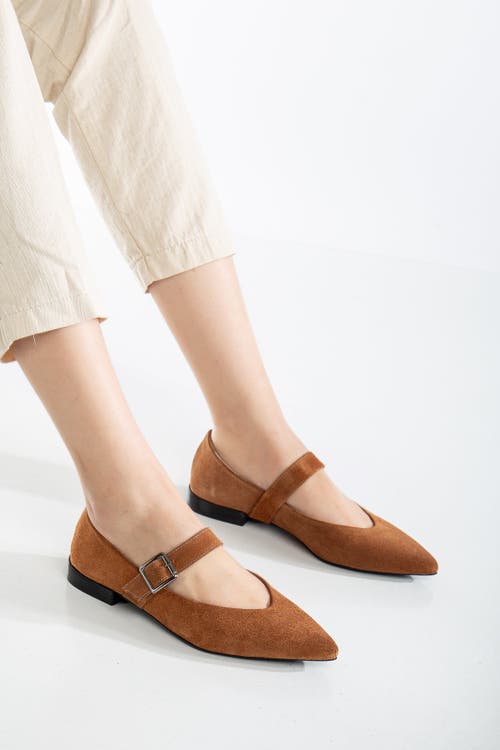 Forever & Always Shoes Willow Leather Mary Jane Flats In Cognac Suede Leather