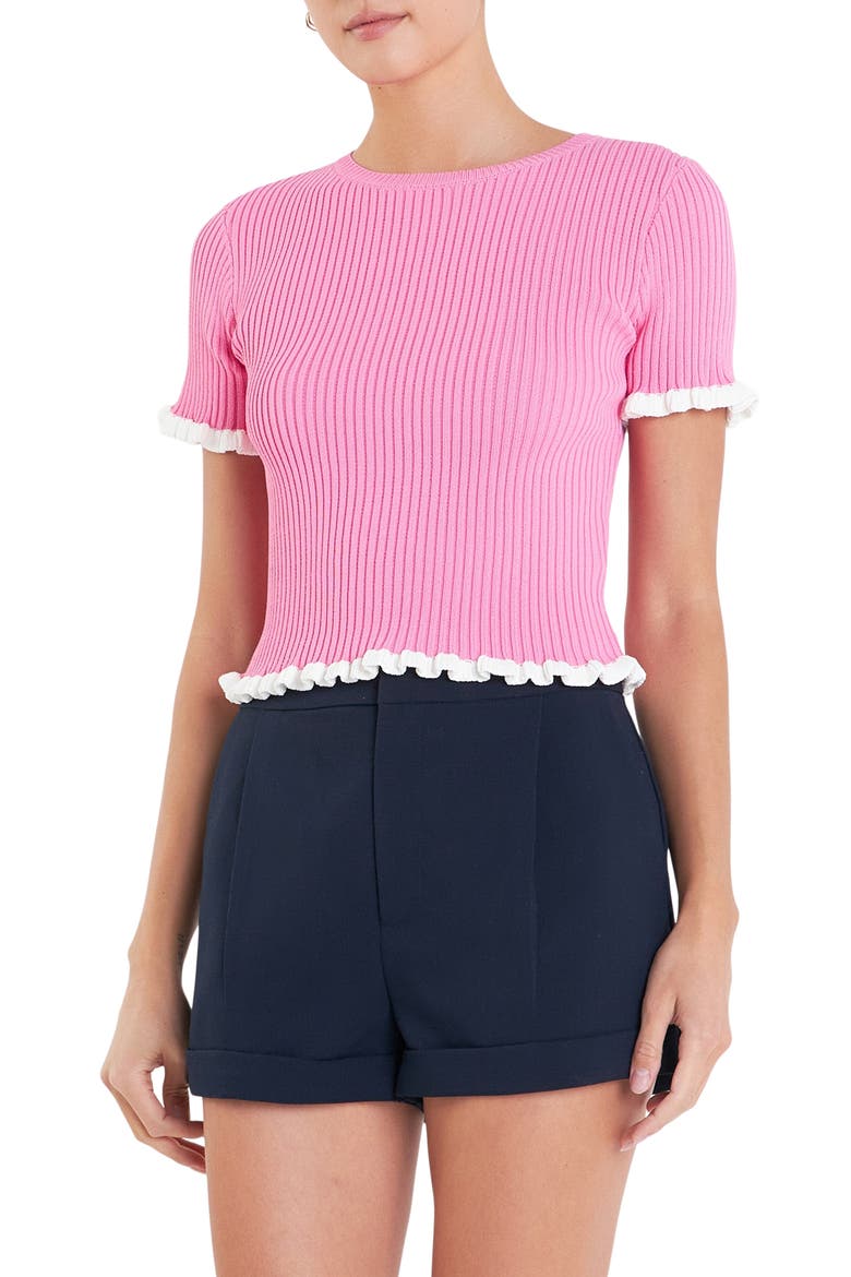 Ruffle Trim Short Sleeve Rib Sweater, Alternate, color, PINK/ WHITE