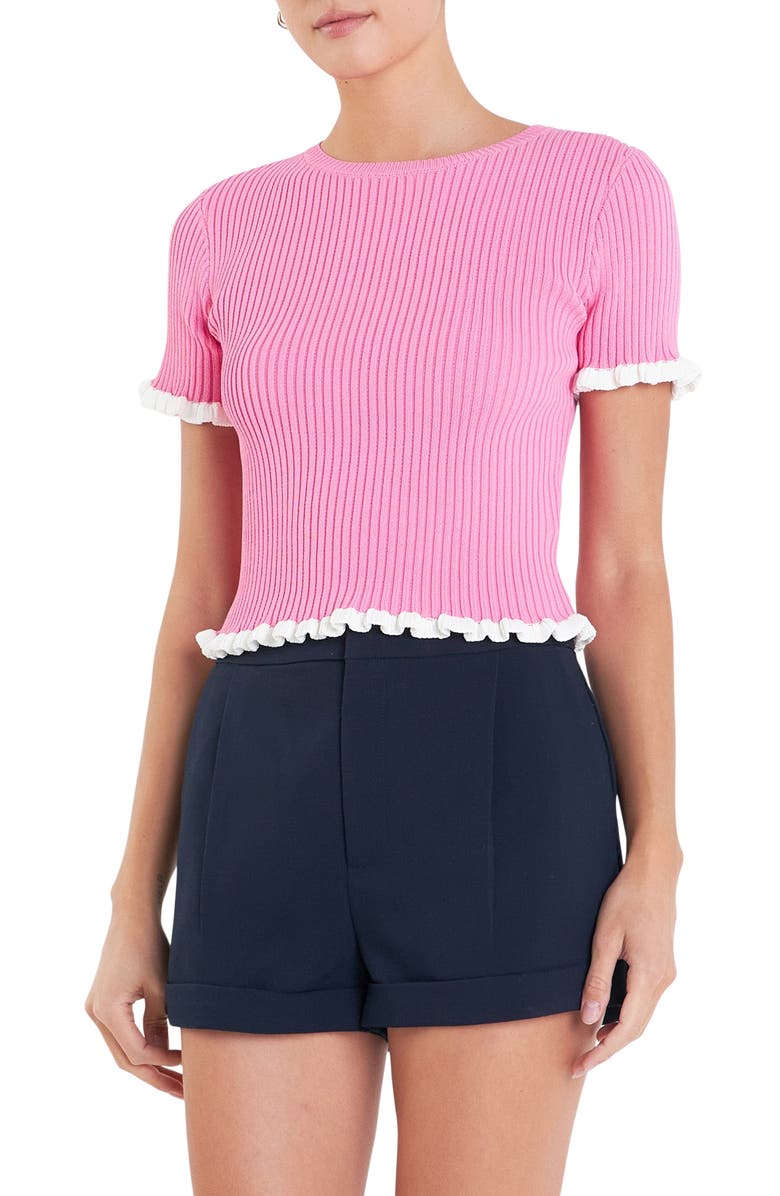 English Factory Ruffle Trim Short Sleeve Rib Sweater, Alternate, color, Pink/ White