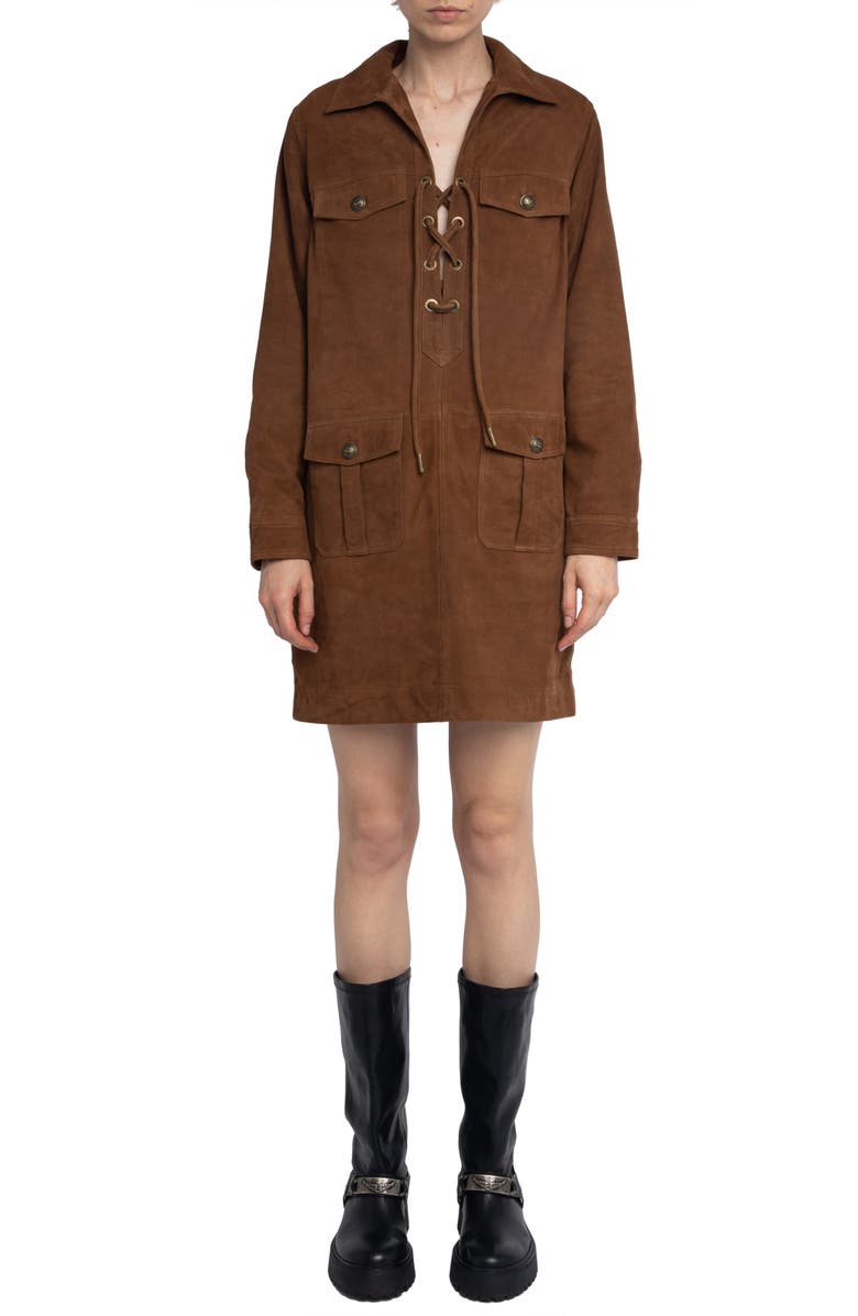 Zadig & Voltaire Remacha Long Sleeve Suede Shirtdress, Main, color, Cognac