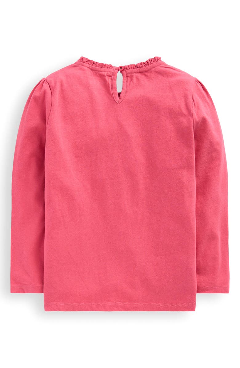 Mini Boden Kids' Frill Neck Long Sleeve Appliqué T-Shirt, Alternate, color, Rose Pink Dinosaurs