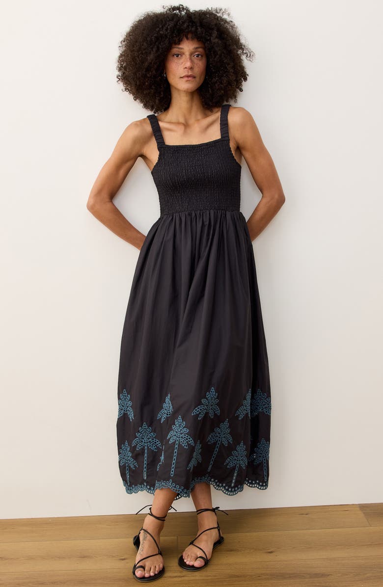 Marine Layer Selene Fit & Flare Eyelet Embroidered Sundress, Alternate, color, Black/ Mediterranean