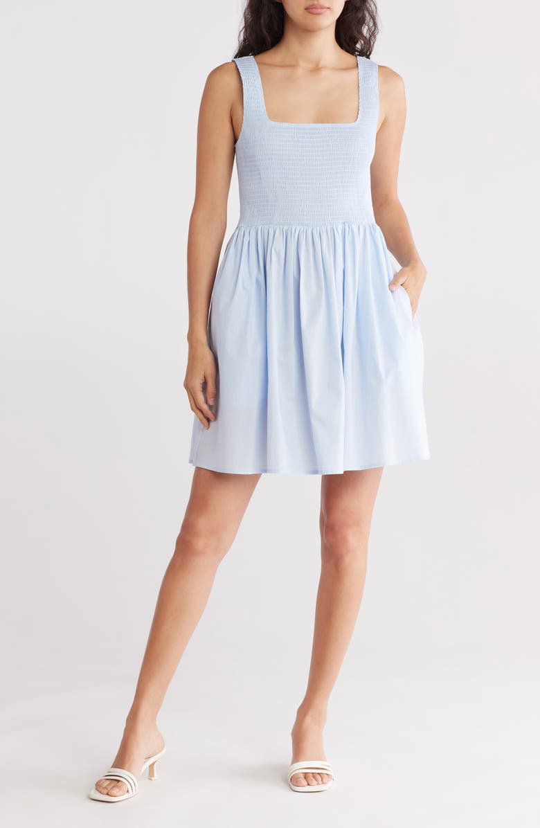 WAYF Smocked Cotton Blend Fit & Flare Minidress, Main, color, Baby Blue