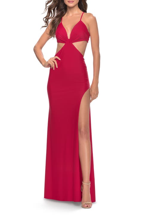 Jersey Prom Dress with Side Cut Outs and Tie Back