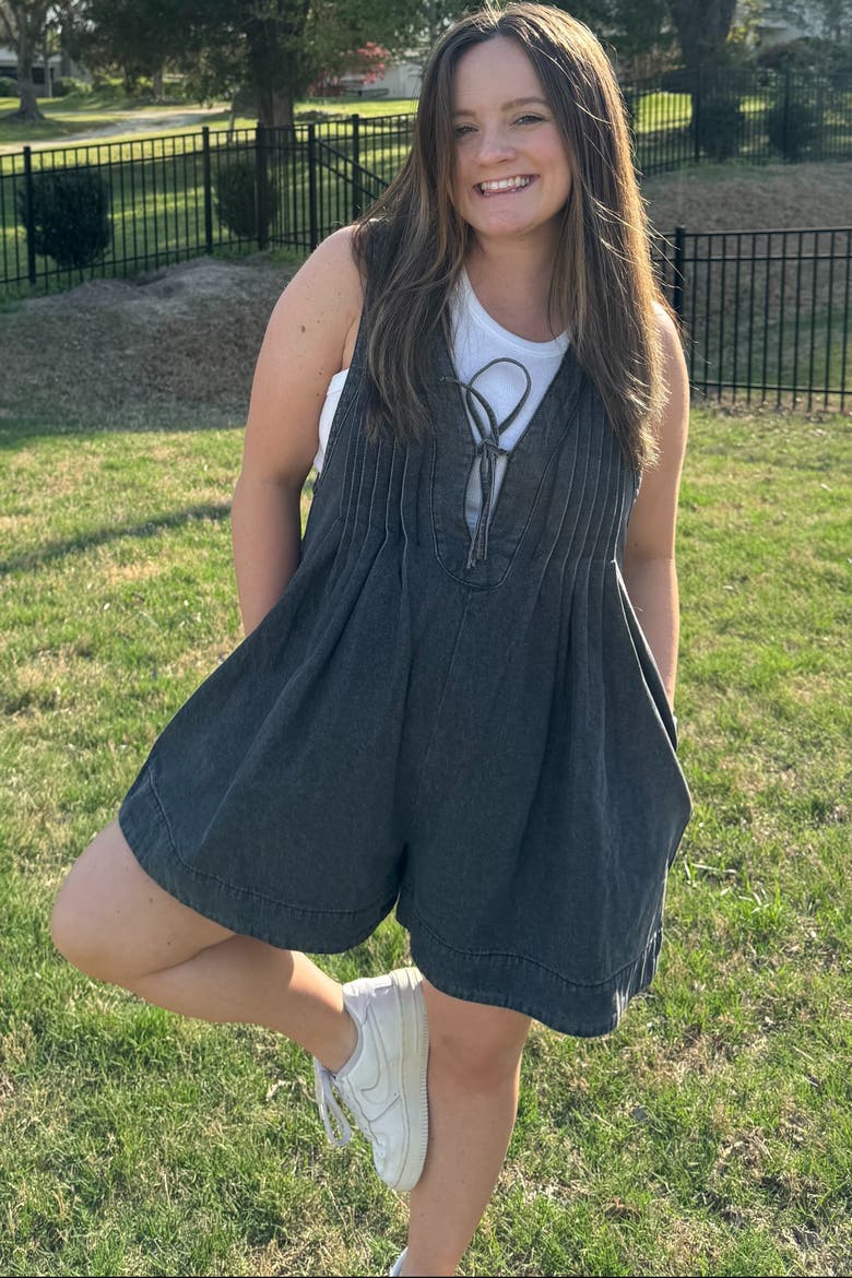 Deep V-Neck Pleated Front Tie Sleeveless Romper, Alternate, color, Charcoal Grey