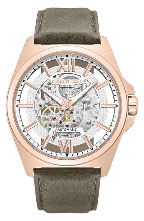 Skeleton Automatic Khaki Leather Strap Watch, 44mm