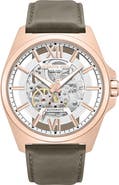 Kenneth Cole New York Skeleton Automatic Khaki Leather Strap Watch, 44mm