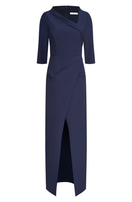 Kay Unger Helena Asymmetric Neck Gown In Midnight Blue