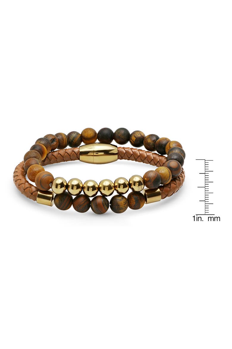 Men's 18K Gold Plated Stainless Steel Beaded Leather Bracelet Set, Alternate, color, BROWN