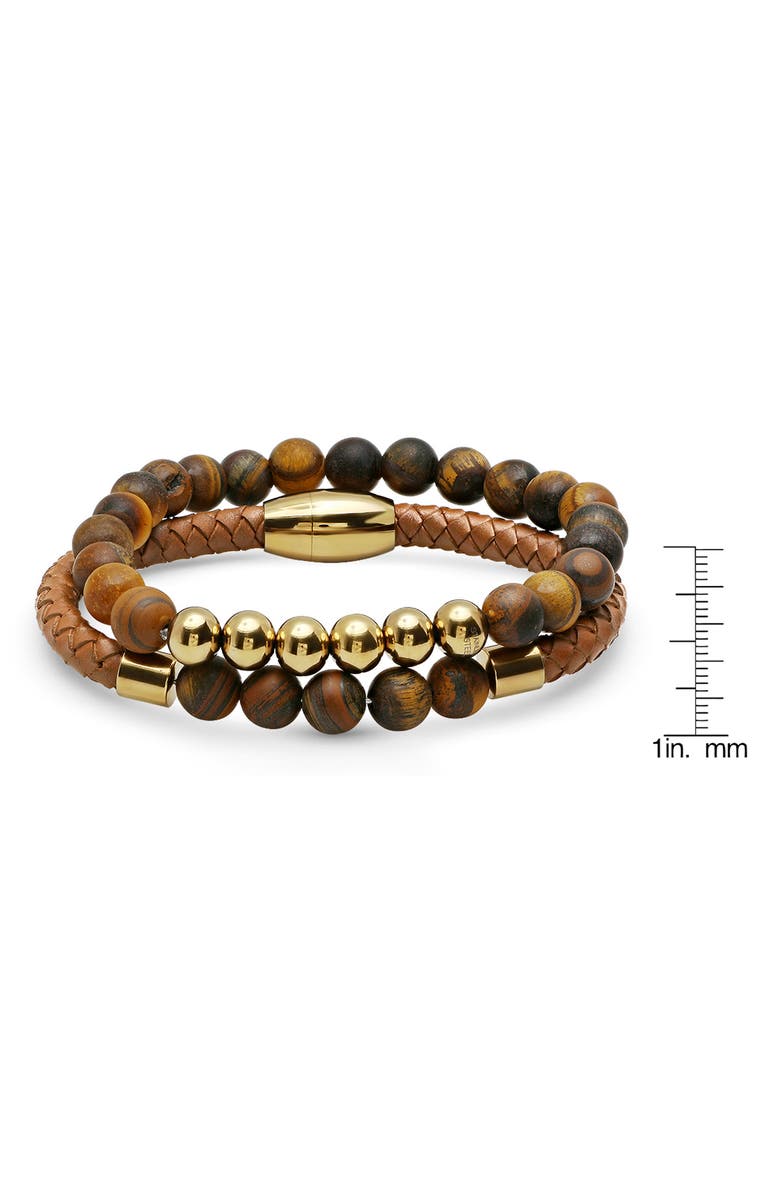 HMY JEWELRY Men's 18K Gold Plated Stainless Steel Beaded Leather Bracelet Set, Alternate, color, Brown