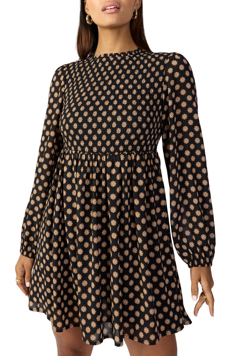 Sanctuary Medallion Smocked Long Sleeve Babydoll Minidress, Alternate, color,
