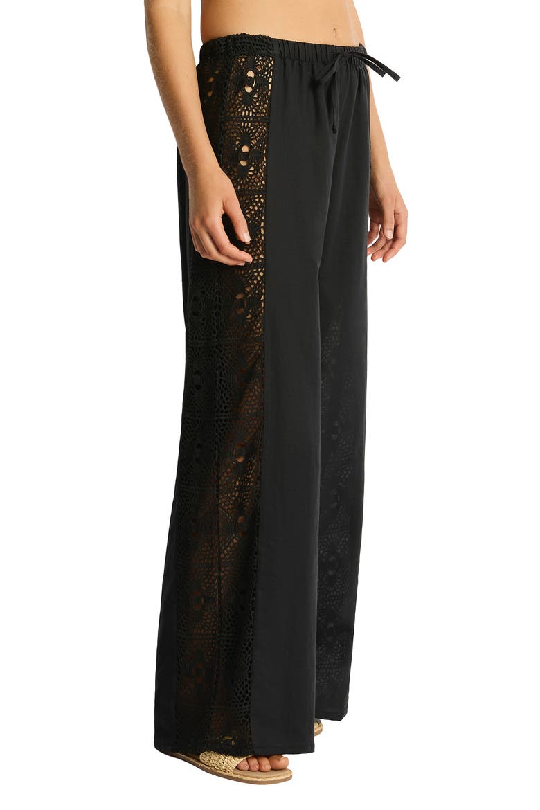 Lace Panel High Waist Wide Leg Beach Pants, Alternate, color, BLACK