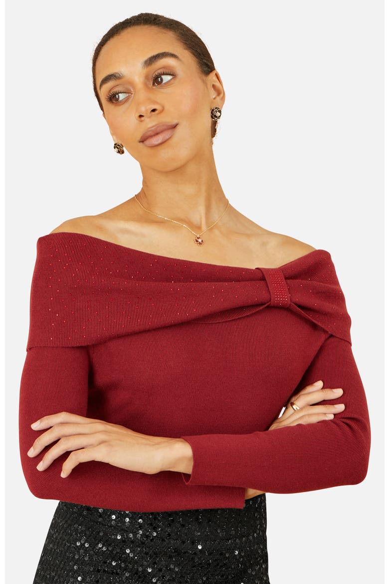 Rhinestone Diamante Bardot Neck Jumper, Main, color, Burgundy