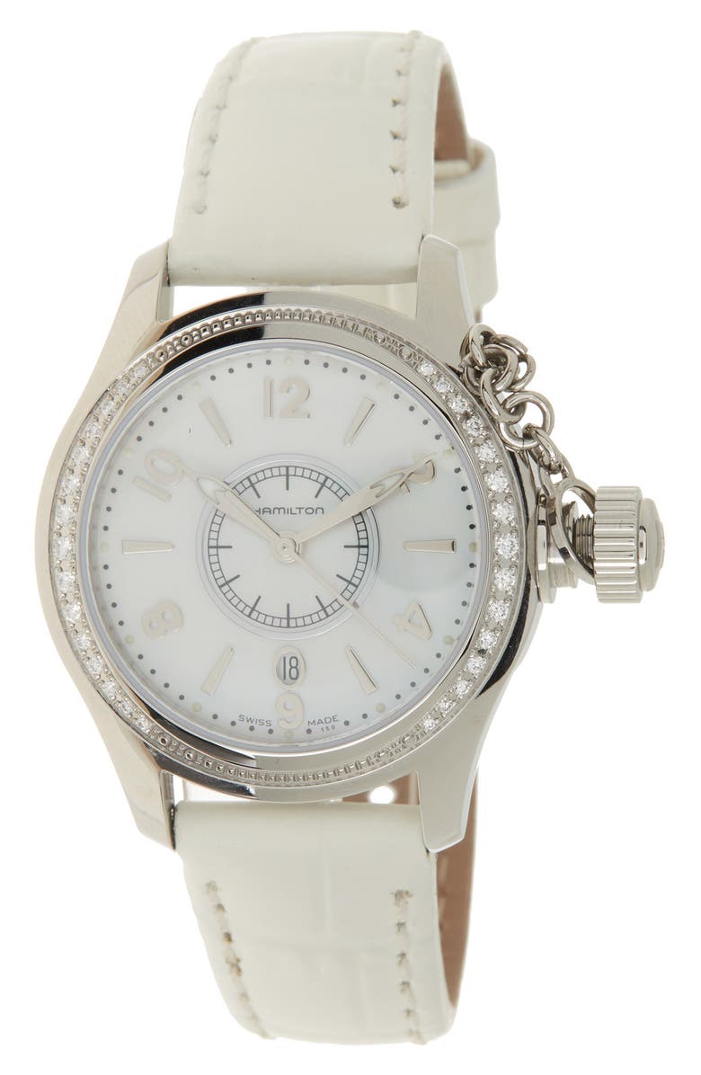 Hamilton Seaqueen Diamond Mother-of-Pearl Croc-Embossed Leather Strap watch, 32mm, Main, color, White