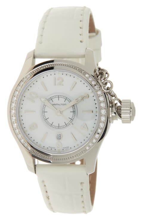 Seaqueen Diamond Mother-of-Pearl Croc-Embossed Leather Strap watch, 32mm