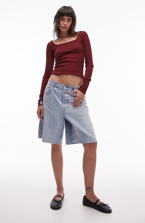 Square Neck Long Sleeve Cotton Rib T-Shirt