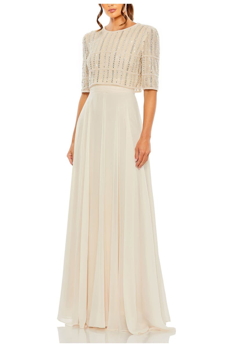 Mac Duggal Fully Beaded 3/4 Sleeves Top Chiffon Gown, Main, color, Nude