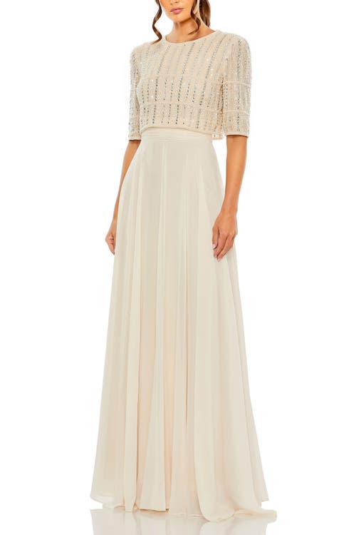 Mac Duggal Chiffon Gown With Fully Beaded 3/4 Sleeve Top In Nude