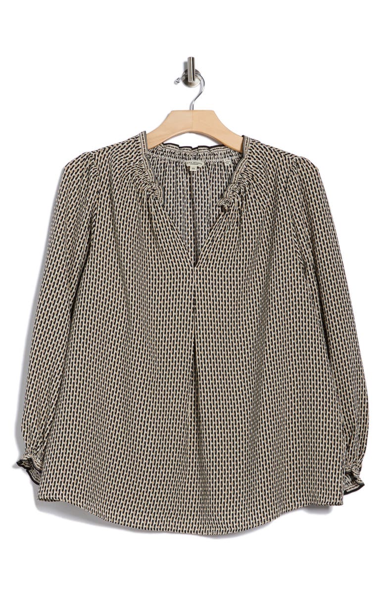 MAX STUDIO Split Neck Long Sleeve Crepe Top, Main, color, Black/ Khaki Dotted Boundaries