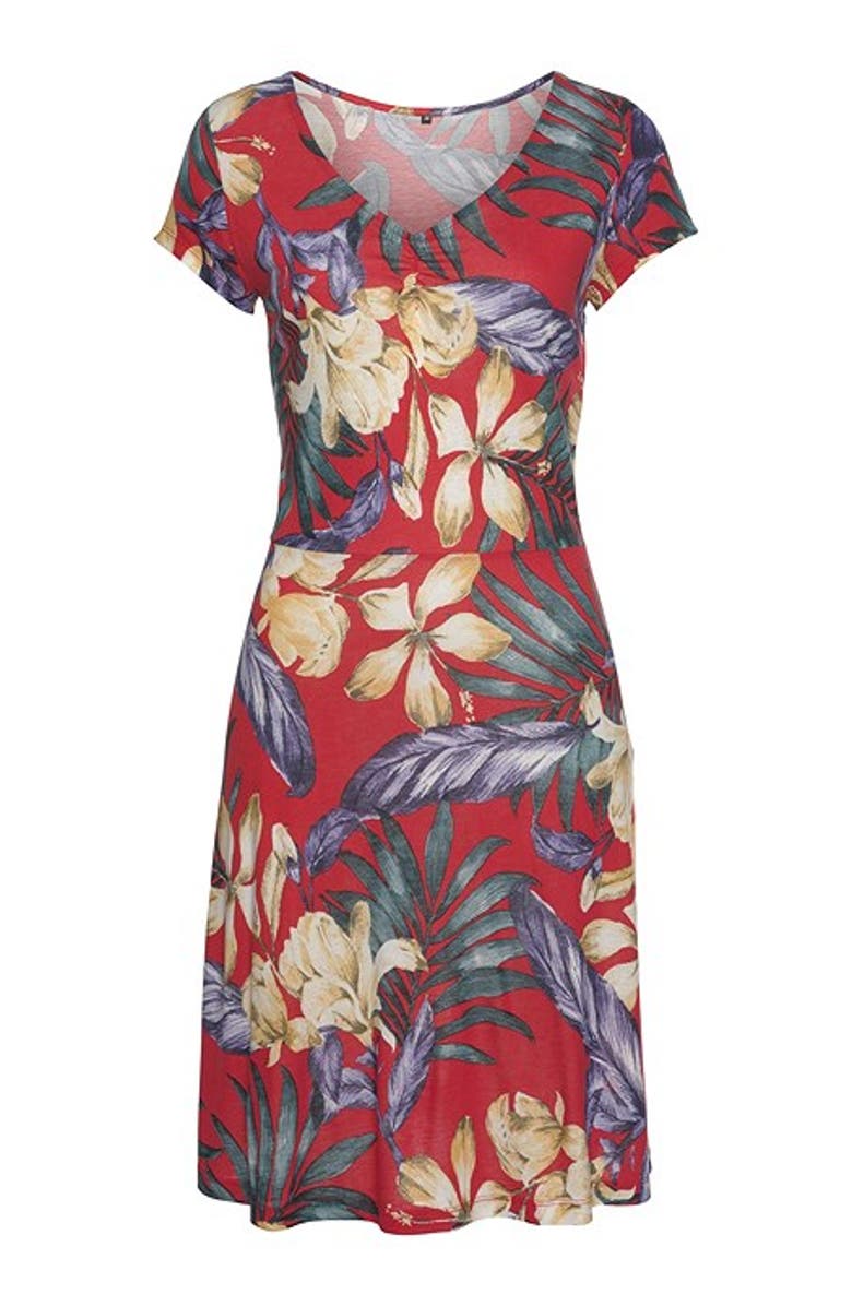LASCANA Women's Pattern V-Neck Dress, Alternate, color, Red Multi