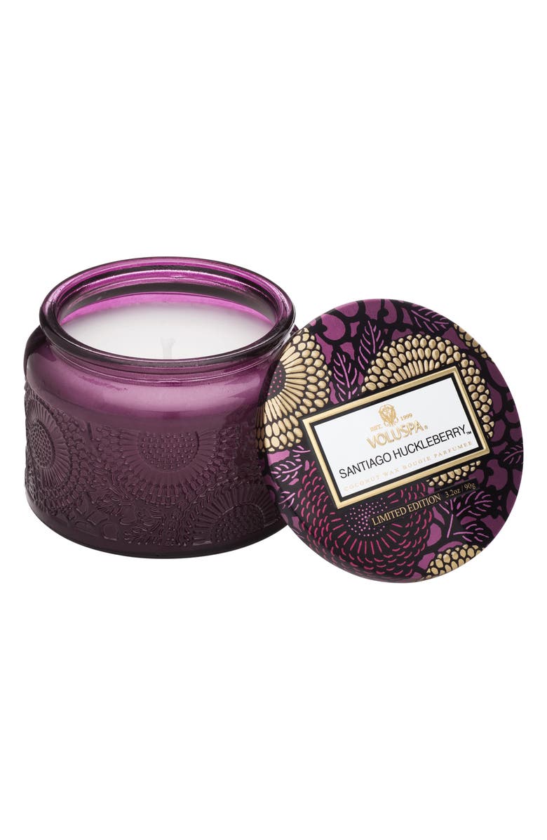 Voluspa Japonica Santiago Huckleberry Petite Embossed Glass Jar Candle, Main, color,
