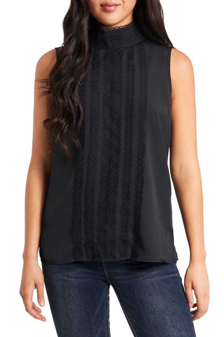 Lace Detail Sleeveless Crêpe de Chine Blouse, Main, color, RICH BLACK