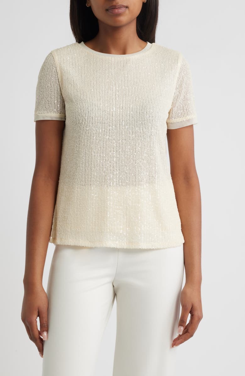 Anne Klein Sequin Mesh Top, Main, color, Light Parchment