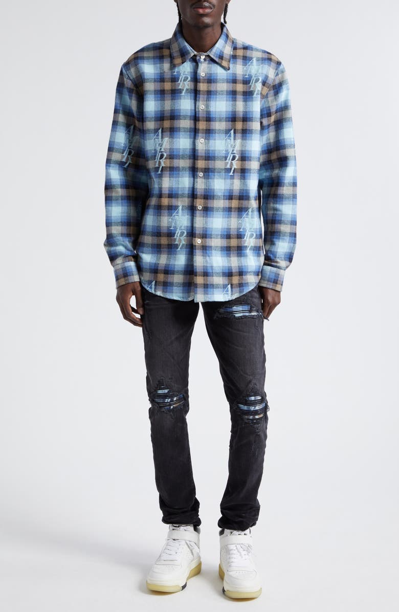 AMIRI Staggered Logo Plaid Flannel Button-Up Shirt, Alternate, color, 
