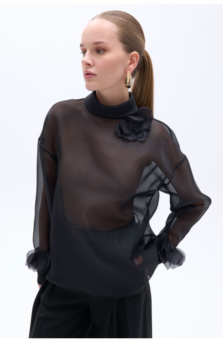 Nocturne Flower Applique Sheer Blouse, Main, color, 