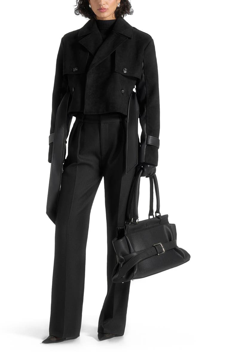 Manière De Voir Lelia Cropped Suede Trench Coat With Belt, Alternate, color, Black