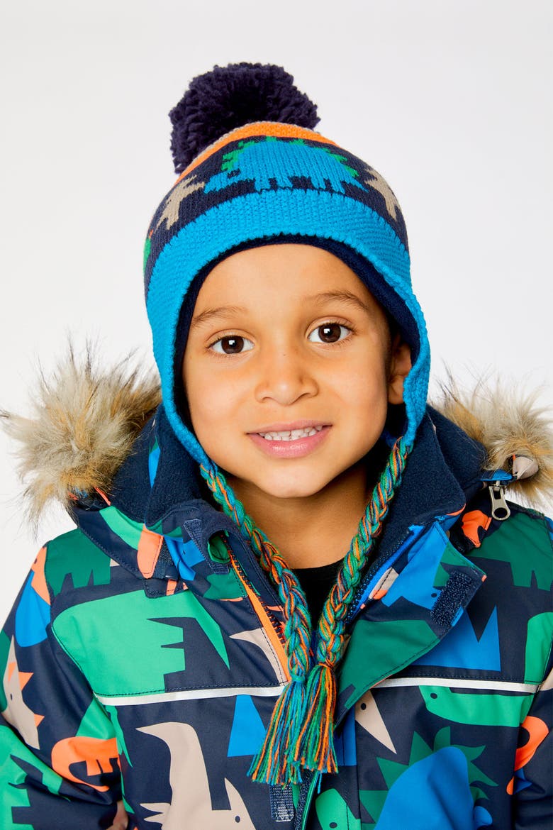 Winter Dinosaur Fleece Lined Peruvian Knit Hat with Pompom, Alternate, color, Blue Dinosaur Print