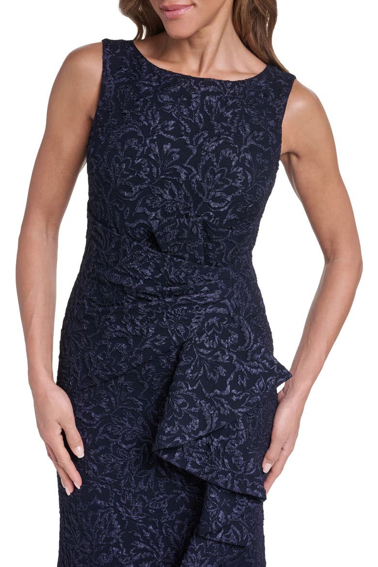 Metallic Floral Jacquard Cascade Ruffle Gown, Alternate, color, NAVY