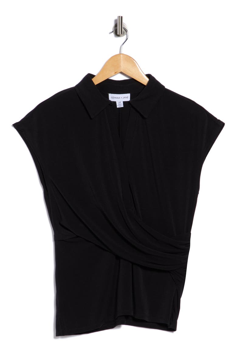 Ruched Wrap-Effect Knit Top, Alternate, color, BLACK